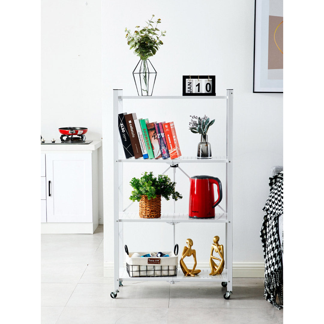 SOGA 4 Tier Steel White Foldable Kitchen Cart Multi-Functional Shelves Portable Storage Organizer with Wheels