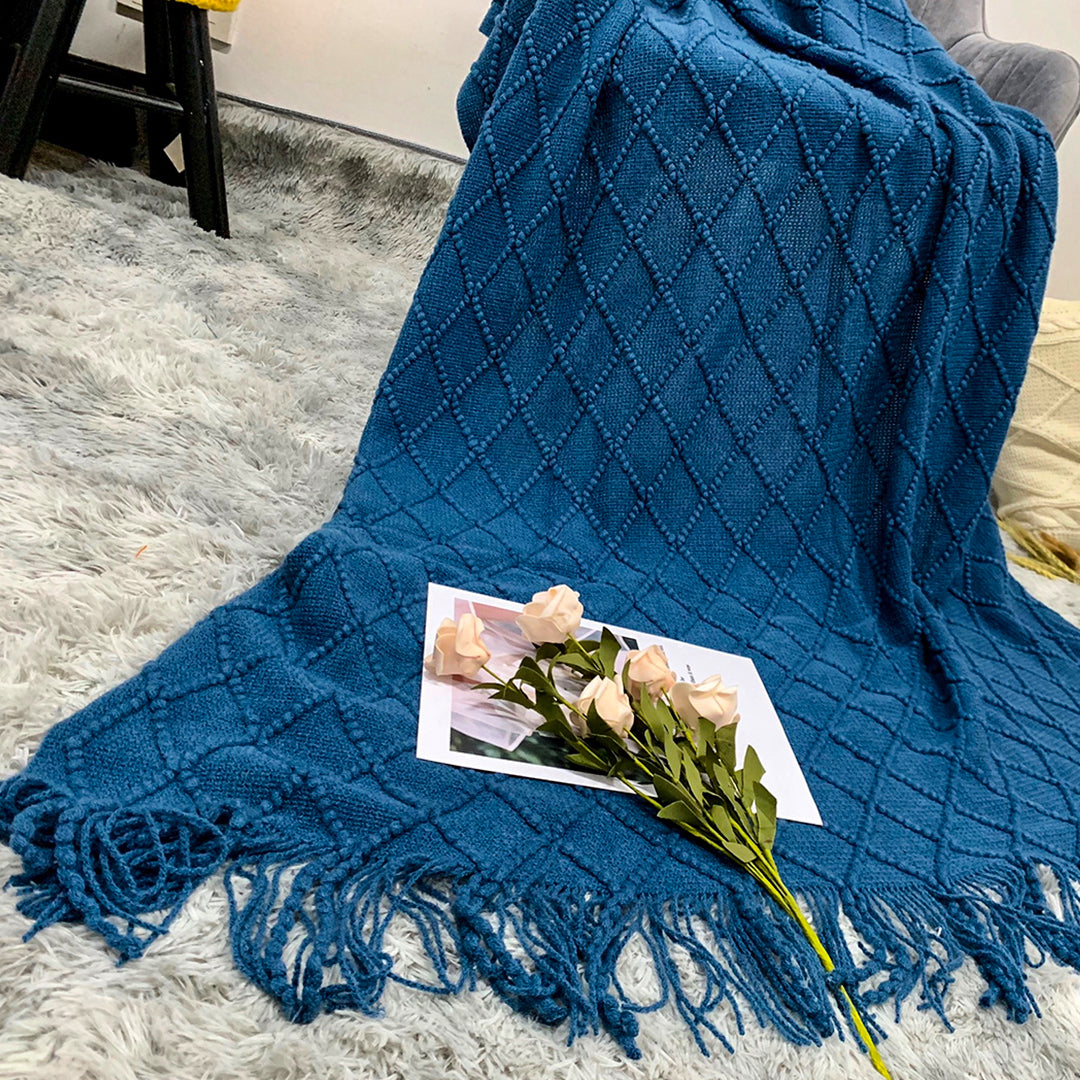 SOGA Diamond Pattern Knitted Throw Blanket – Warm Cozy Woven Cover for Couch, Bed, Sofa & Home Décor with Tassels, Royal Blue