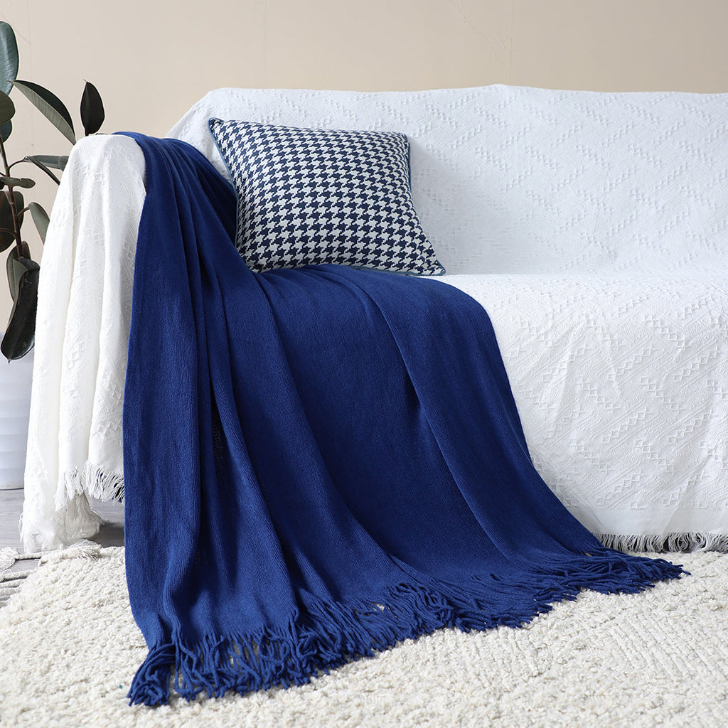 SOGA 2X Acrylic Knitted Throw Blanket – Solid Fringed Warm Cozy Woven Cover for Couch, Bed, Sofa Home Decor, Royal Blue