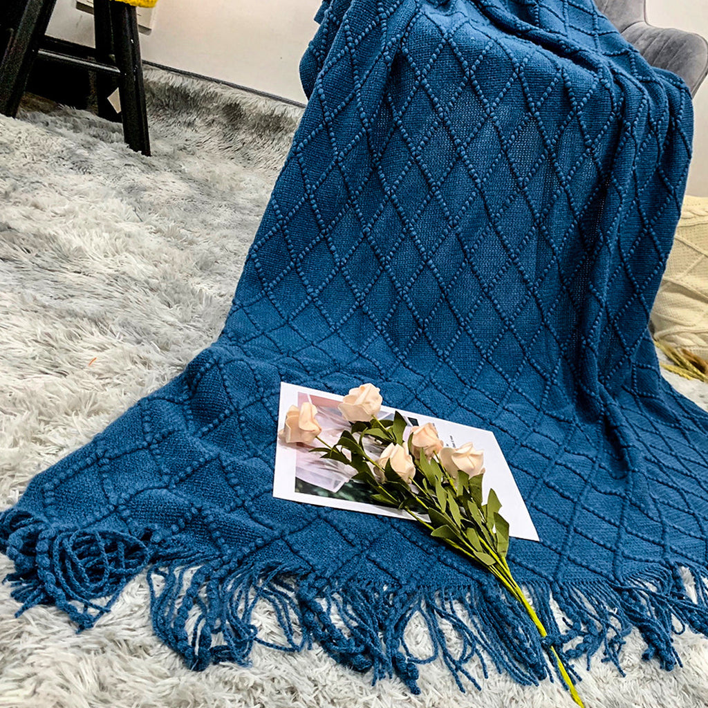 SOGA 2X Diamond Pattern Knitted Throw Blanket – Warm Cozy Woven Cover with Tassels for Couch, Bed, Sofa, Home Decor, Royal Blue