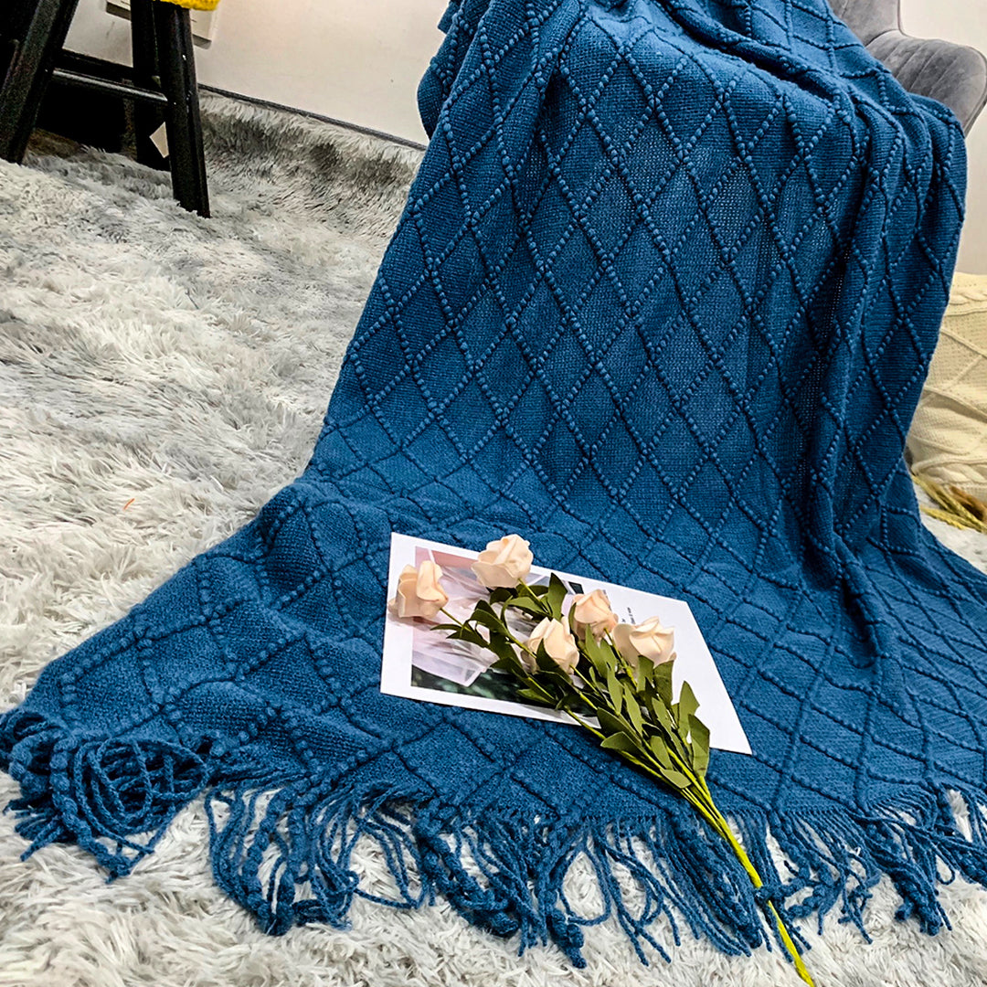 SOGA 2X Diamond Pattern Knitted Throw Blanket – Warm Cozy Woven Cover with Tassels for Couch, Bed, Sofa, Home Decor, Royal Blue