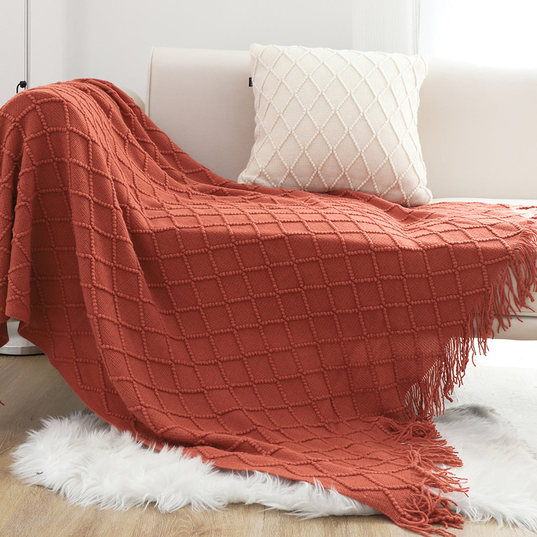 SOGA Red Diamond Pattern Knitted Throw Blanket Warm Cozy Woven Cover Couch Bed Sofa Home Decor with Tassels