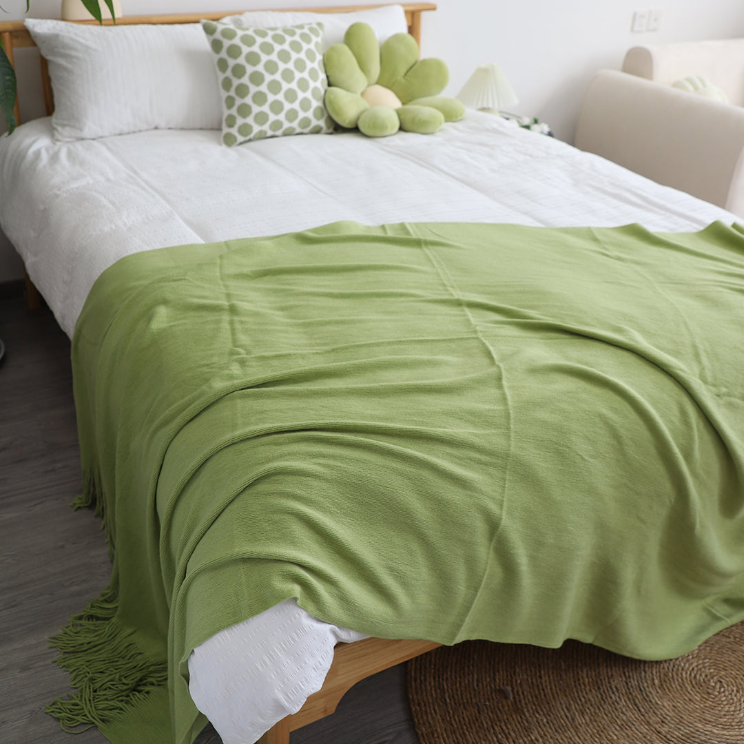 SOGA 2-Pack Acrylic Knitted Throw Blankets – Solid Warm Cozy Woven Covers with Fringes for Couch, Bed, Sofa, Home Decor, Green