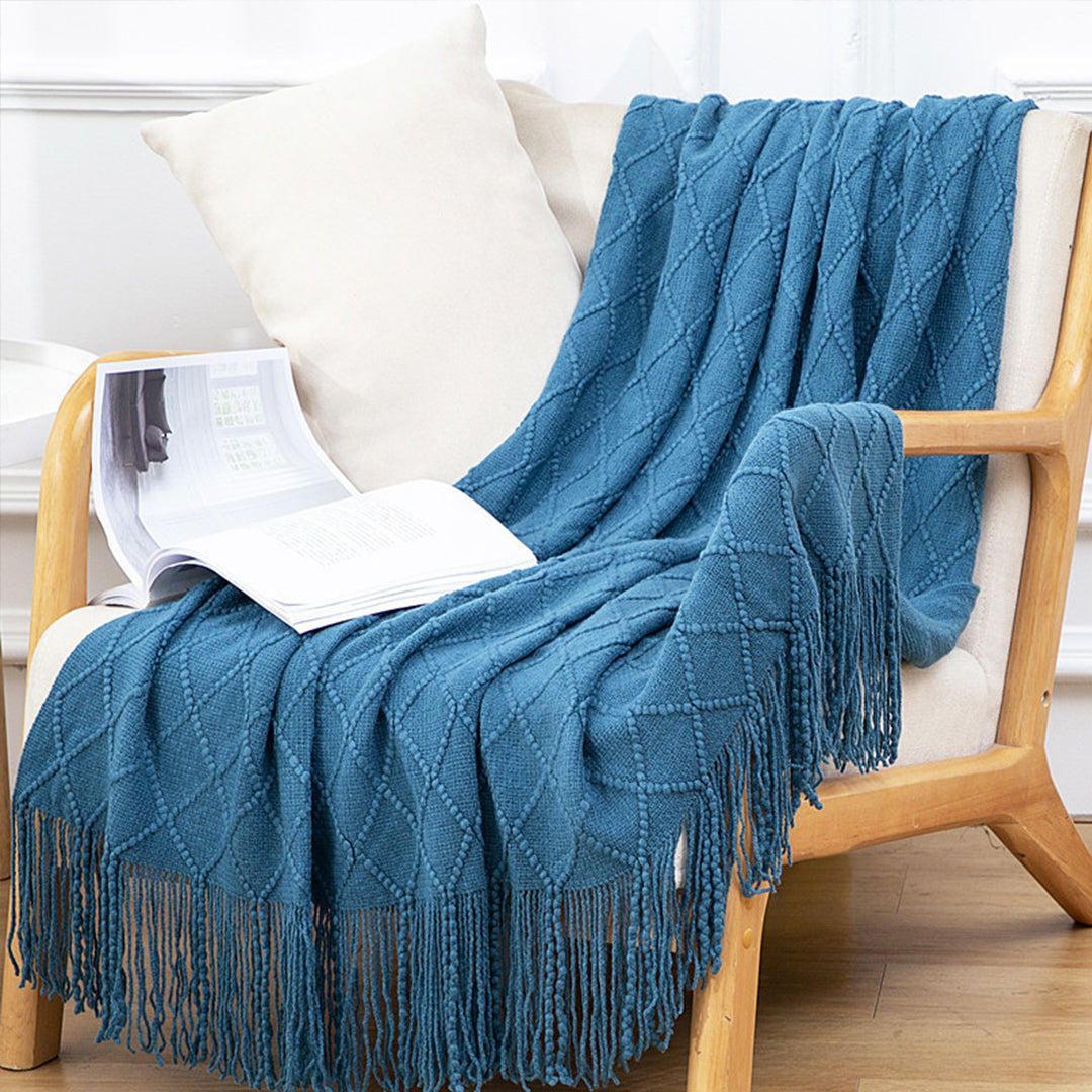 SOGA Knitted Throw Blanket – Warm Cozy Woven Cover with Diamond Pattern & Tassels for Couch, Bed, Sofa, Home Decor, Blue