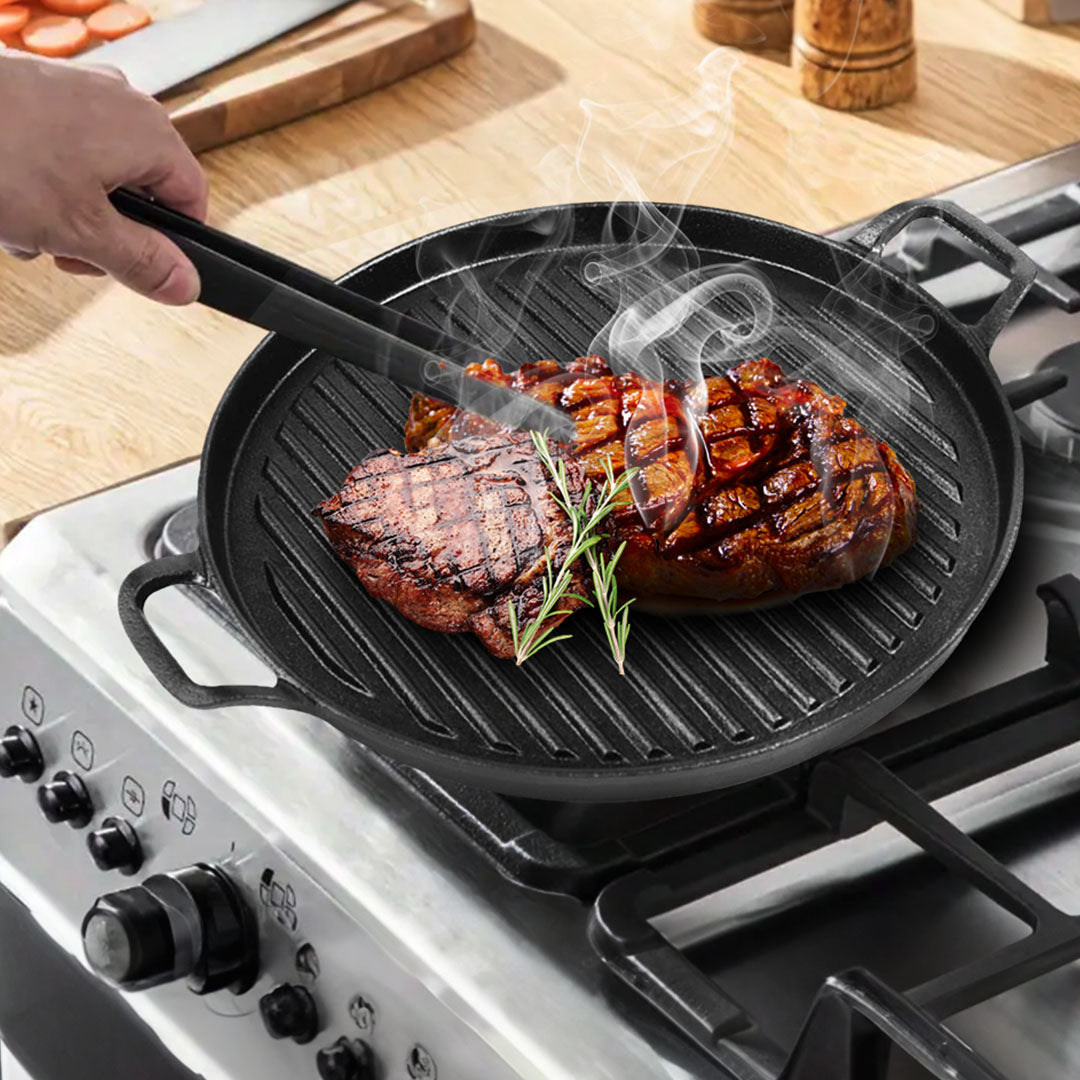 SOGA 2X 30cm Ribbed Cast Iron Frying Pan Skillet Steak Sizzle Platter