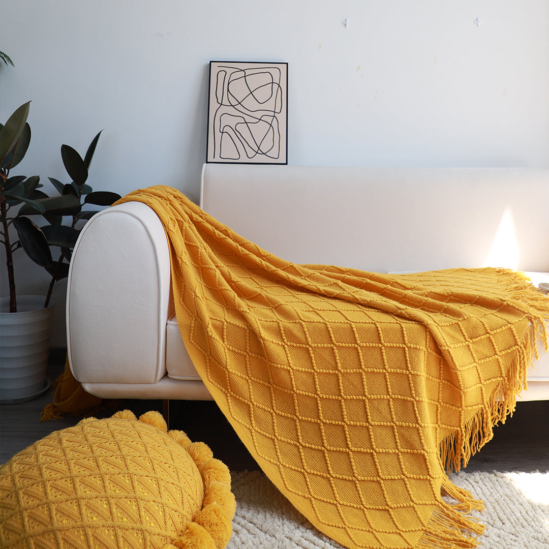 SOGA 2X Yellow Diamond Pattern Knitted Throw Blanket Warm Cozy Woven Cover Couch Bed Sofa Home Decor with Tassels