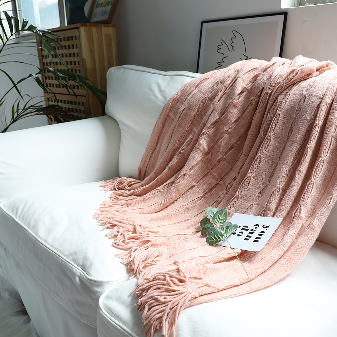 SOGA 2X Pink Textured Knitted Throw Blanket Warm Cozy Woven Cover Couch Bed Sofa Home Decor with Tassels