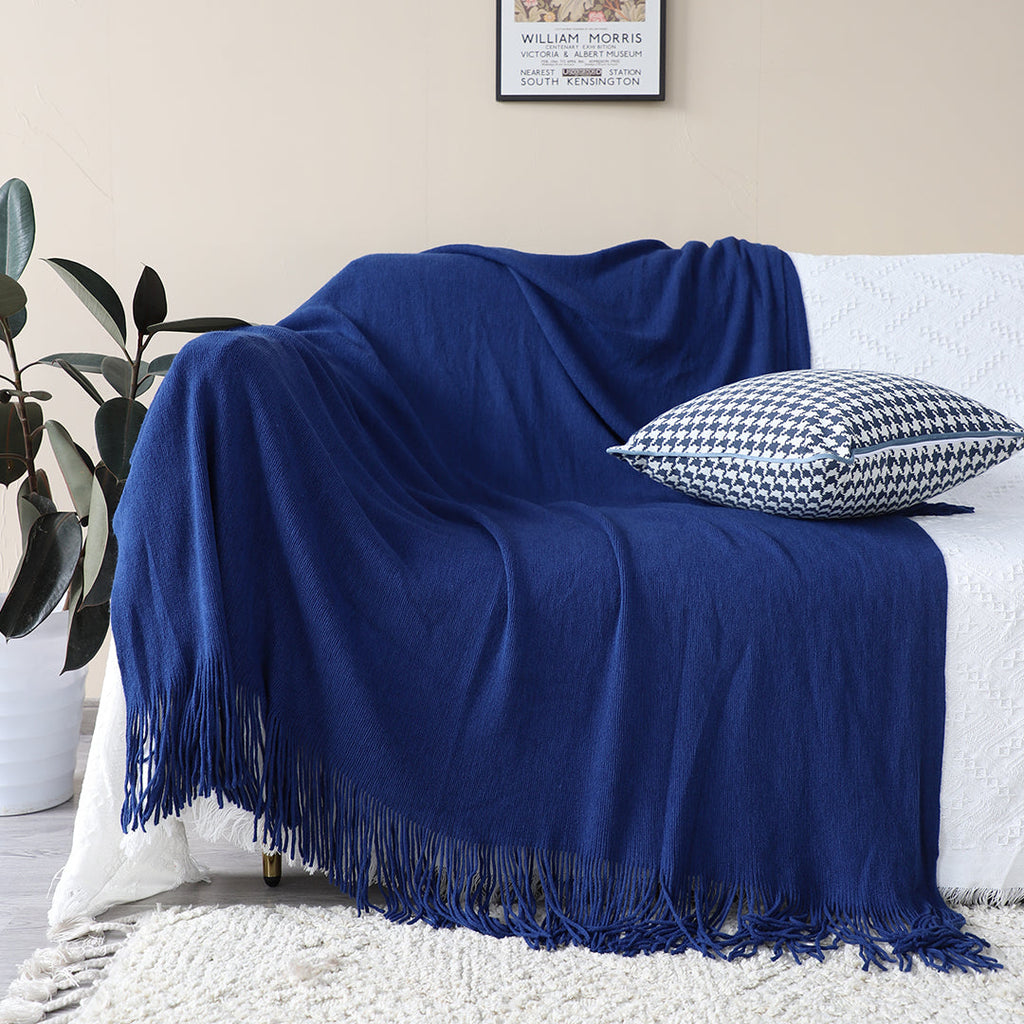 SOGA 2X Acrylic Knitted Throw Blanket – Solid Fringed Warm Cozy Woven Cover for Couch, Bed, Sofa Home Decor, Royal Blue
