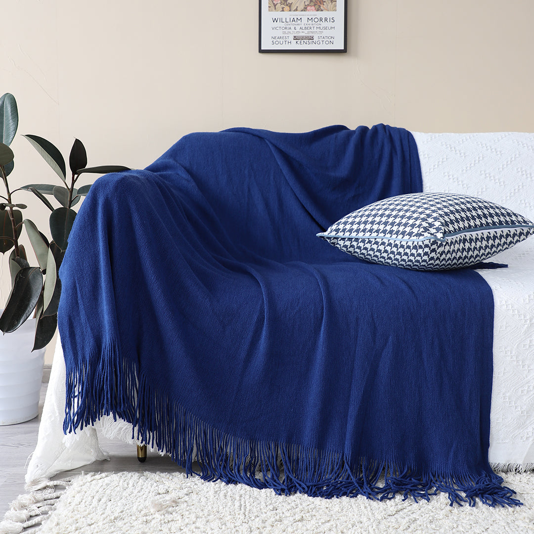 SOGA 2X Royal Blue Acrylic Knitted Throw Blanket Solid Fringed Warm Cozy Woven Cover Couch Bed Sofa Home Decor