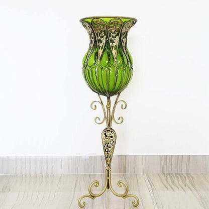 SOGA 85cm Green Glass Tall Floor Vase and 12pcs Blue Artificial Fake Flower Set