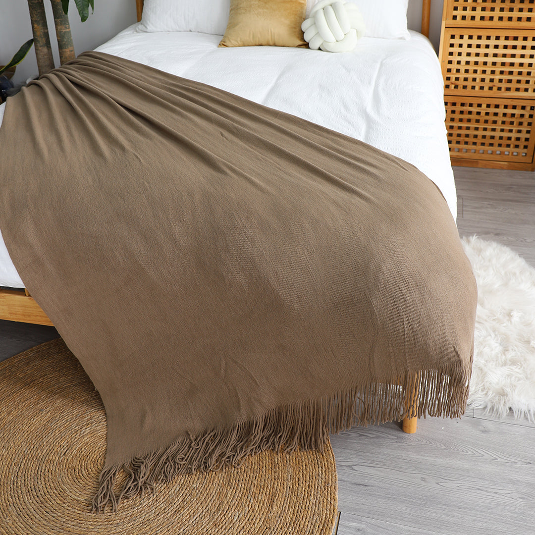 SOGA Acrylic Knitted Throw Blanket – Solid Warm Cozy Woven Cover with Fringes for Couch, Bed, Sofa & Home Decor, Coffee