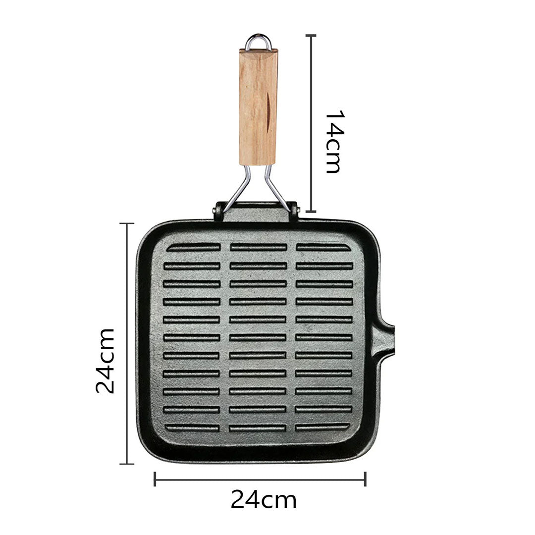 SOGA 2X 28cm Ribbed Cast Iron Square Steak Frying Grill Skillet Pan with Folding Wooden Handle