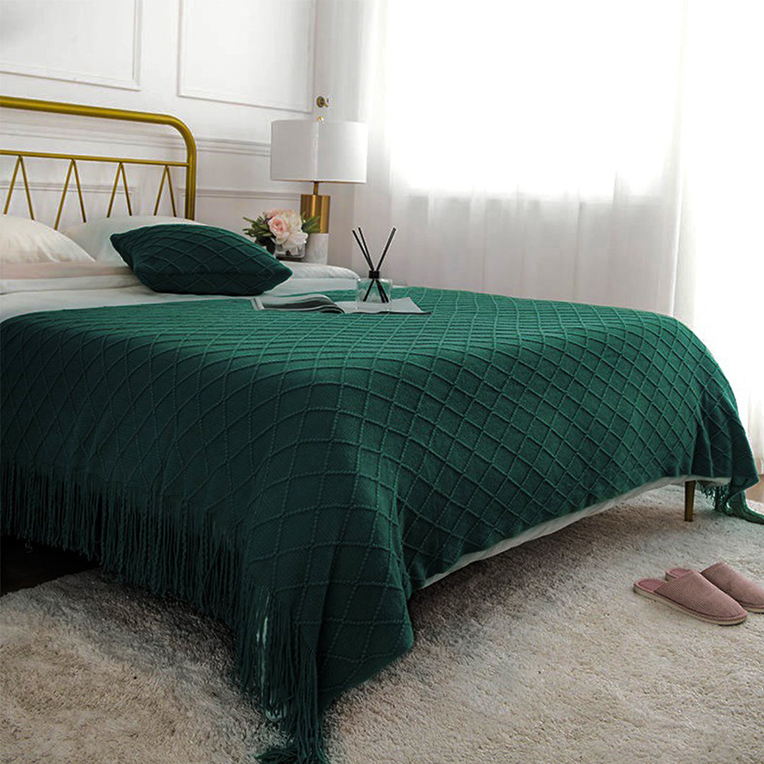 SOGA 2X Diamond Pattern Knitted Throw Blanket – Warm Cozy Woven Cover with Tassels for Couch, Bed, Sofa, Home Decor, Green