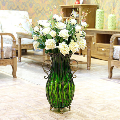 SOGA 51cm Green Glass Tall Floor Vase with 12pcs White Artificial Fake Flower Set