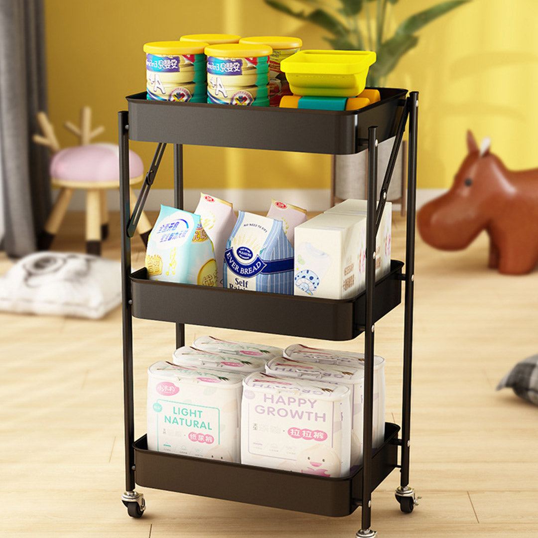 SOGA 3 Tier Steel Black Foldable Kitchen Cart Multi-Functional Shelves Portable Storage Organizer with Wheels