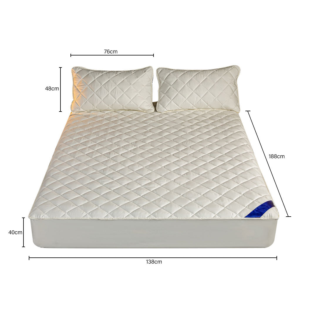 SOGA White 138cm Wide Cross-Hatch Mattress Cover Thick Quilted Stretchable Bed Spread Sheet Protector with Pillow Covers