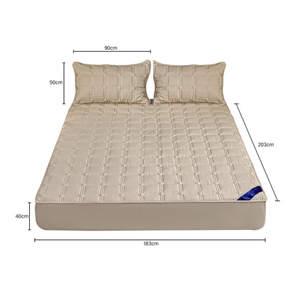 SOGA 2X Beige 183cm Wide Mattress Cover Thick Quilted Stretchable Bed Spread Sheet Protector with Pillow Covers