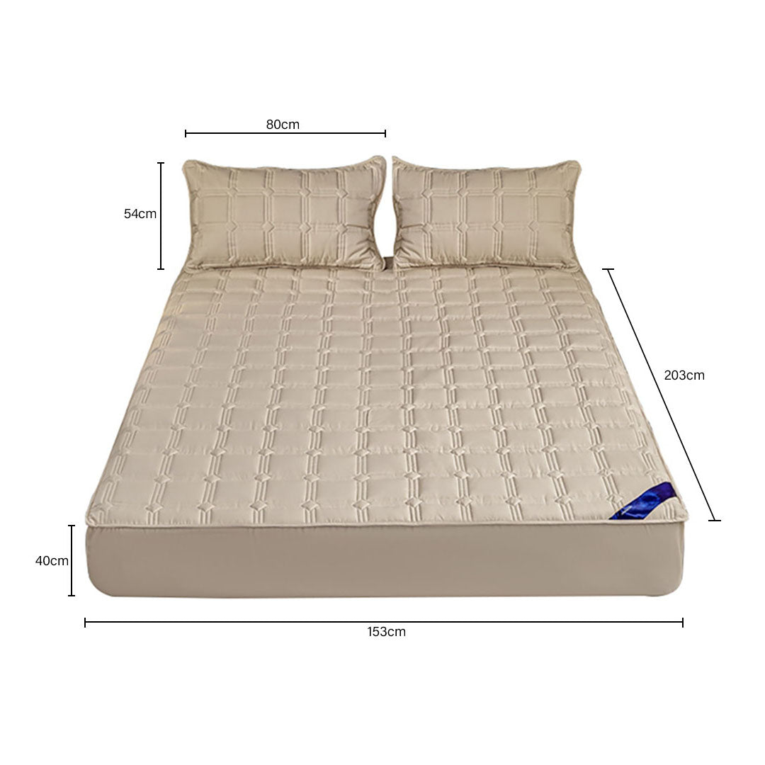 SOGA Beige 153cm Wide Mattress Cover Thick Quilted Stretchable Bed Spread Sheet Protector with Pillow Covers