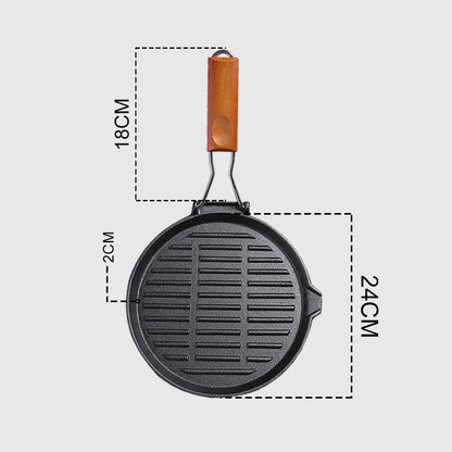 SOGA 2X 24cm Round Ribbed Cast Iron Steak Frying Grill Skillet Pan with Folding Wooden Handle