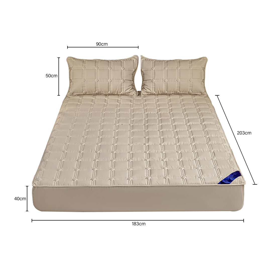 SOGA Beige 183cm Wide Mattress Cover Thick Quilted Stretchable Bed Spread Sheet Protector with Pillow Covers