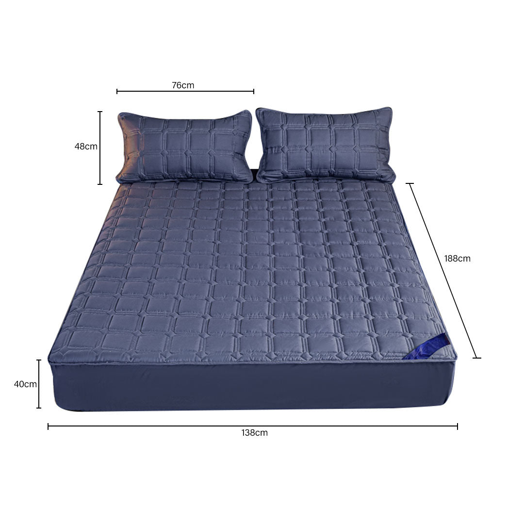 SOGA 2X Blue 138cm Wide Cross-Hatch Mattress Cover Thick Quilted Stretchable Bed Spread Sheet Protector with Pillow Covers
