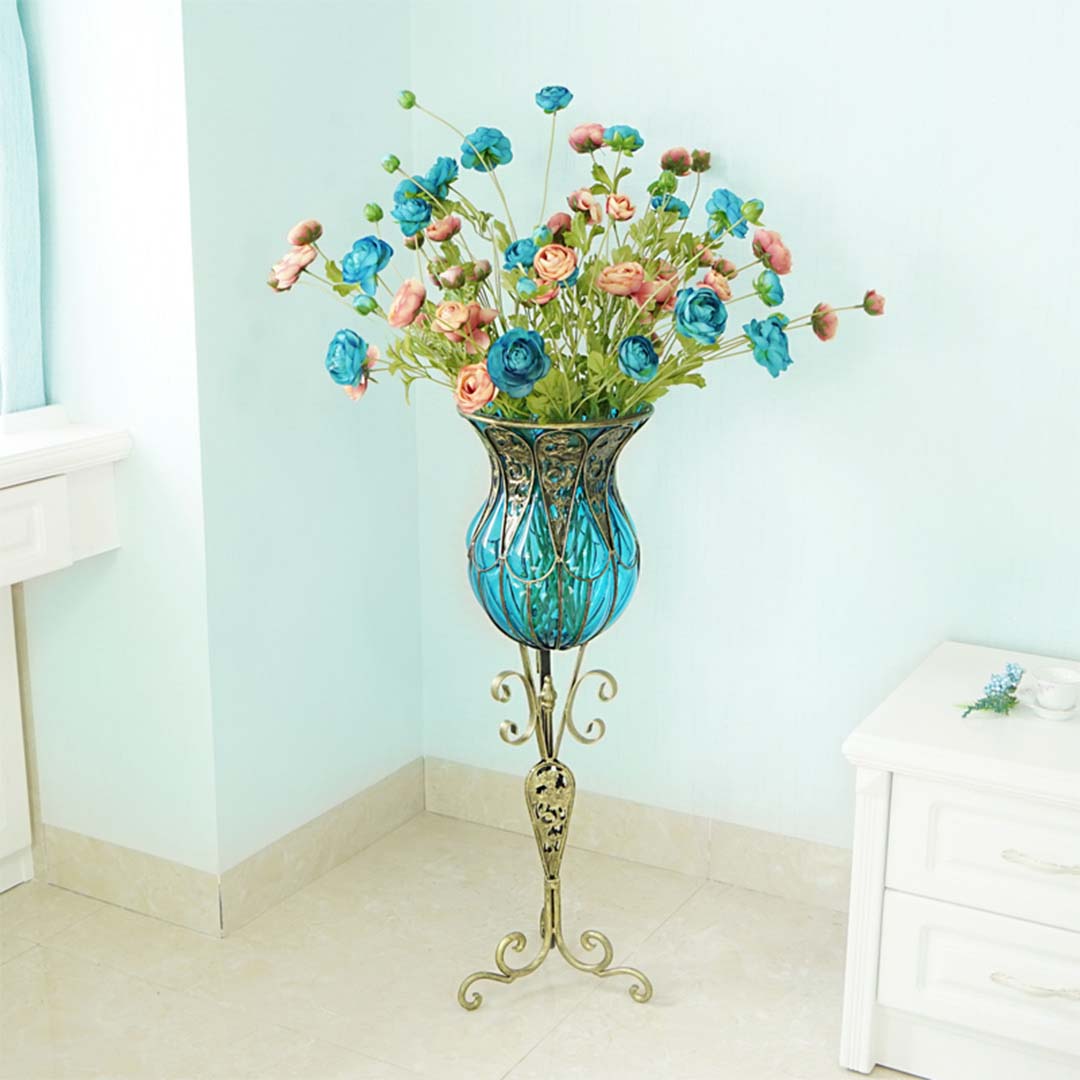 SOGA 85cm Green Glass Tall Floor Vase and 12pcs Blue Artificial Fake Flower Set