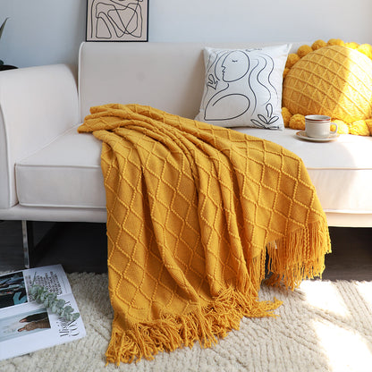 SOGA 2X Yellow Diamond Pattern Knitted Throw Blanket Warm Cozy Woven Cover Couch Bed Sofa Home Decor with Tassels