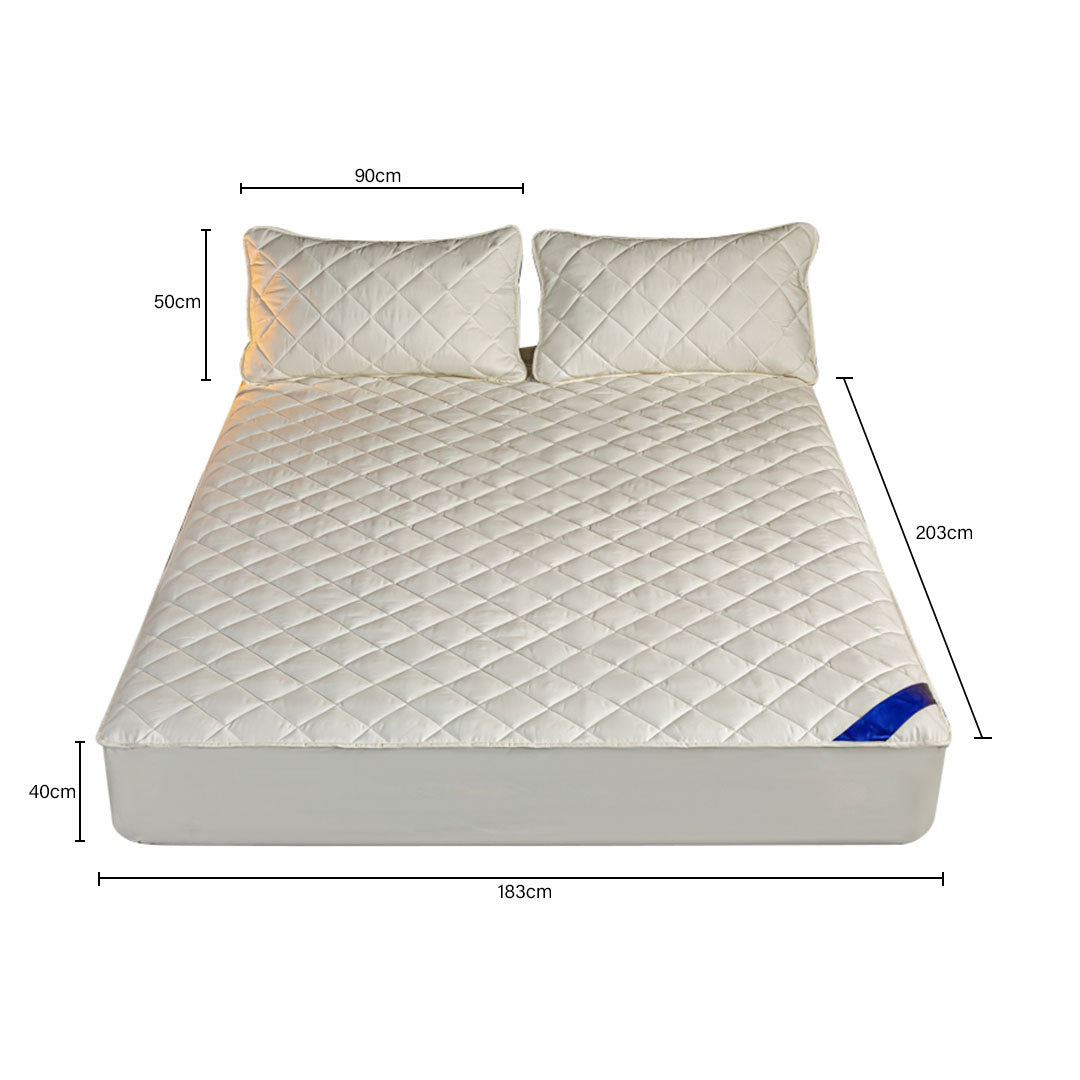 SOGA 2X White 183cm Wide Cross-Hatch Mattress Cover Thick Quilted Stretchable Bed Spread Sheet Protector with Pillow Covers