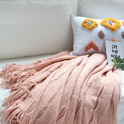 SOGA Pink Textured Knitted Throw Blanket Warm Cozy Woven Cover Couch Bed Sofa Home Decor with Tassels