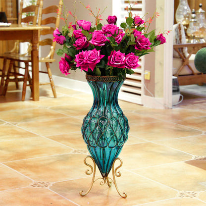 SOGA 67cm Blue Glass Tall Floor Vase and 12pcs Dark Pink Artificial Fake Flower Set