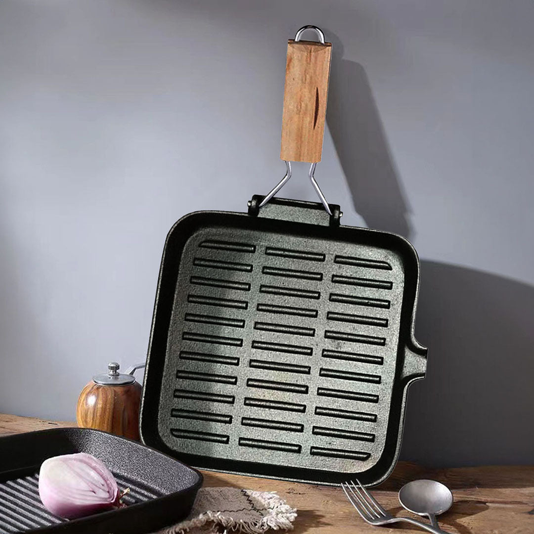 SOGA 2X 28cm Ribbed Cast Iron Square Steak Frying Grill Skillet Pan with Folding Wooden Handle