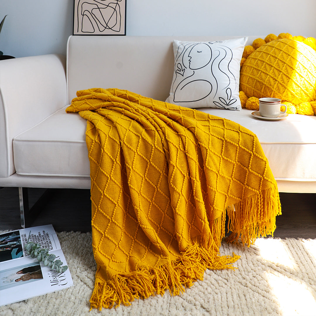 SOGA Yellow Diamond Pattern Knitted Throw Blanket Warm Cozy Woven Cover Couch Bed Sofa Home Decor with Tassels
