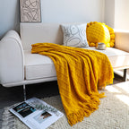 SOGA Yellow Diamond Pattern Knitted Throw Blanket Warm Cozy Woven Cover Couch Bed Sofa Home Decor with Tassels