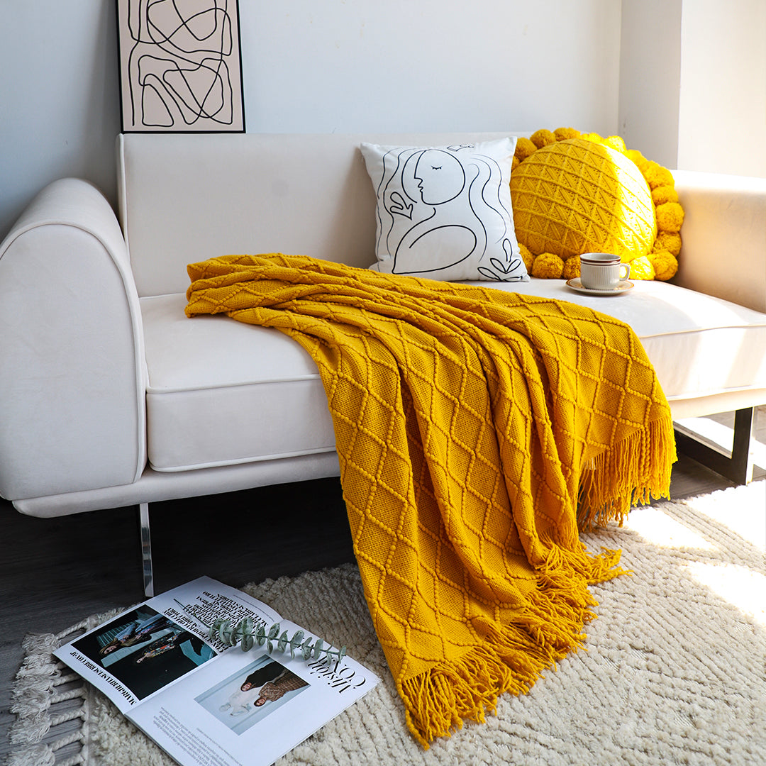 SOGA Yellow Diamond Pattern Knitted Throw Blanket Warm Cozy Woven Cover Couch Bed Sofa Home Decor with Tassels