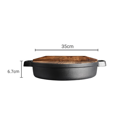 SOGA 2X 35cm Round Cast Iron Pre-seasoned Deep Baking Pizza Frying Pan Skillet with Wooden Lid