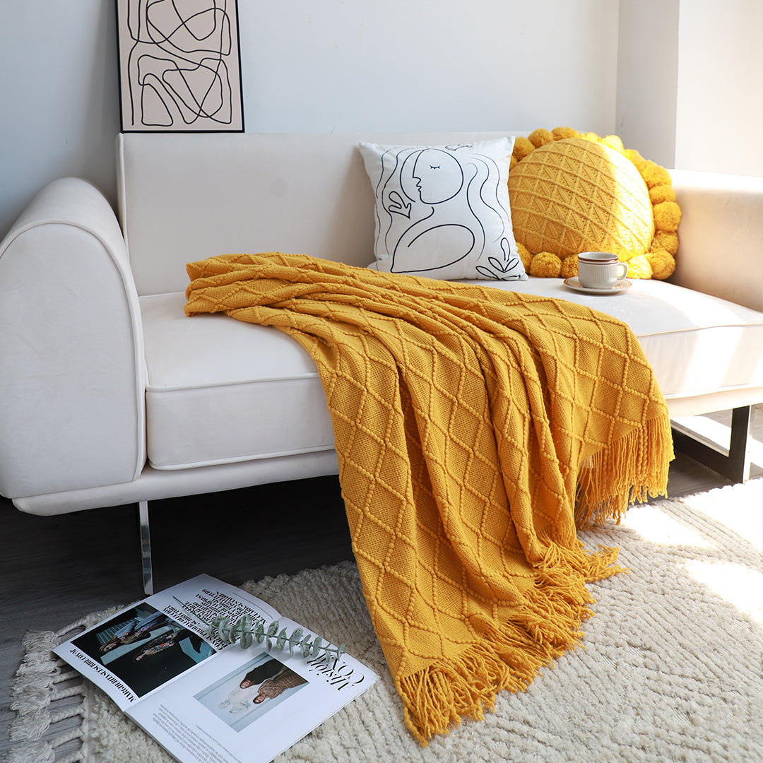 SOGA 2X Yellow Diamond Pattern Knitted Throw Blanket Warm Cozy Woven Cover Couch Bed Sofa Home Decor with Tassels