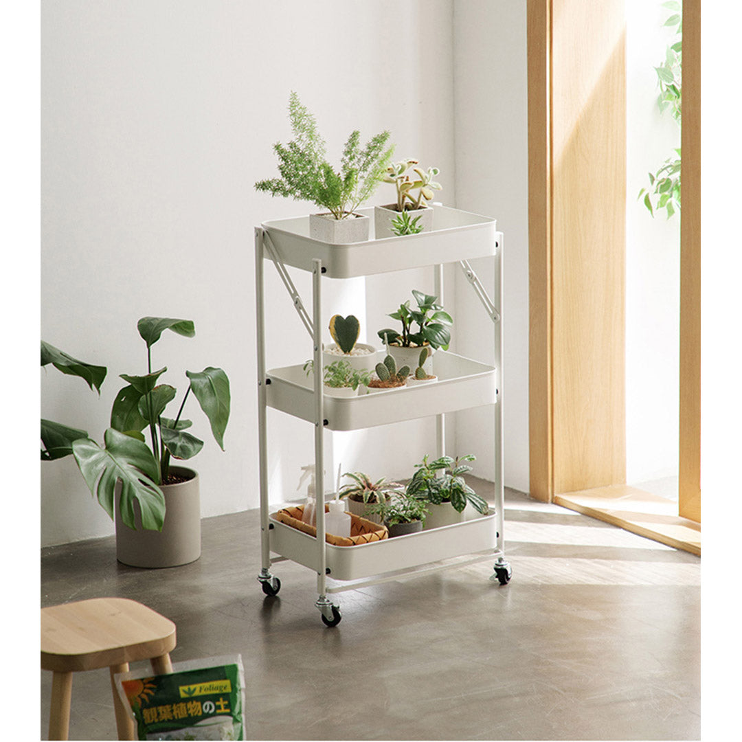 SOGA 3 Tier Steel White Foldable Kitchen Cart Multi-Functional Shelves Portable Storage Organizer with Wheels