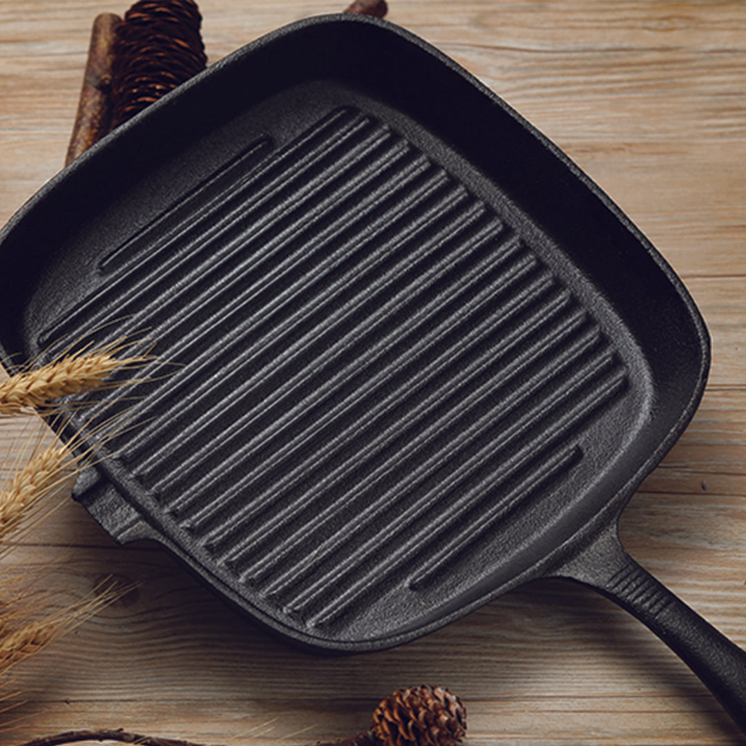 SOGA 2X 23.5cm Square Ribbed Cast Iron Frying Pan Skillet Steak Sizzle Platter with Handle