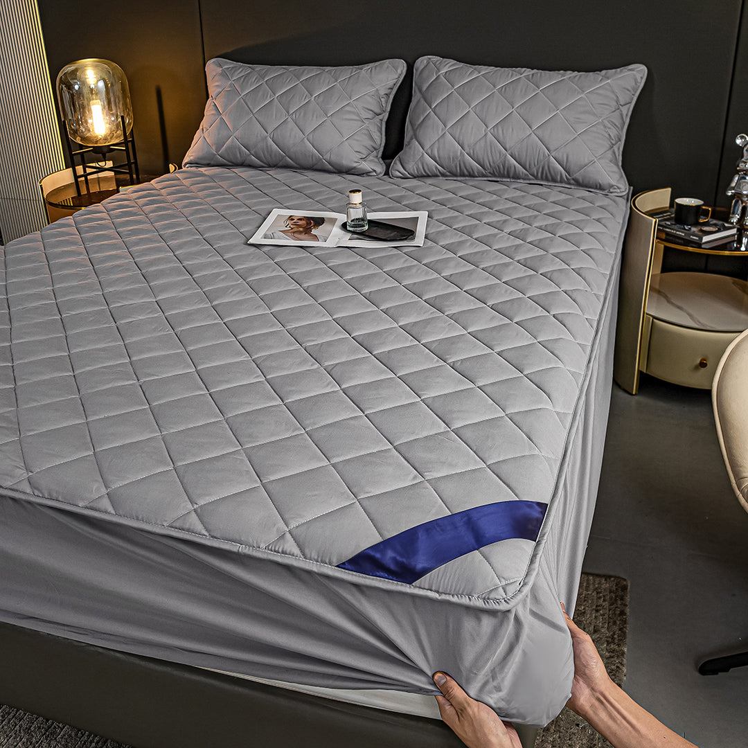 SOGA Grey 183cm Wide Cross-Hatch Mattress Cover Thick Quilted Stretchable Bed Spread Sheet Protector with Pillow Covers