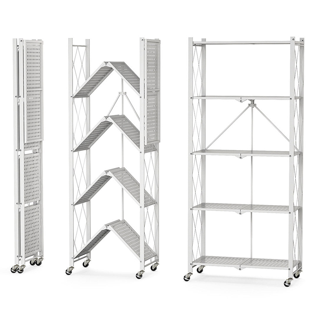 SOGA 2X 5 Tier Steel White Foldable Kitchen Cart Multi-Functional Shelves Portable Storage Organizer with Wheels