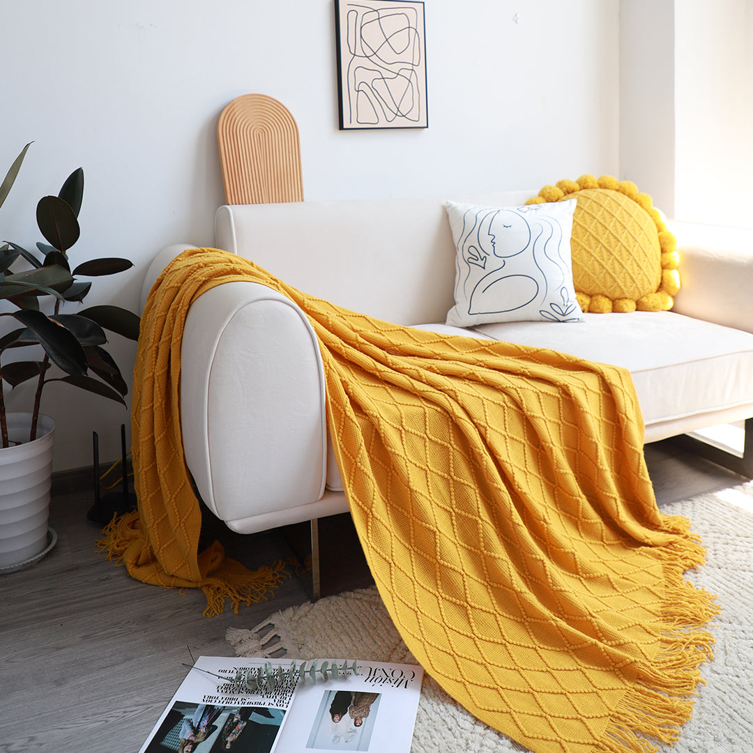 SOGA 2X Yellow Diamond Pattern Knitted Throw Blanket Warm Cozy Woven Cover Couch Bed Sofa Home Decor with Tassels