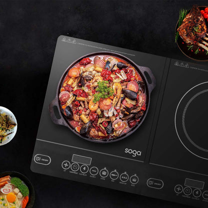 SOGA Dual Burners Cooktop Stove 30cm Cast Iron Skillet and 34cm Induction Crepe Pan Cookware