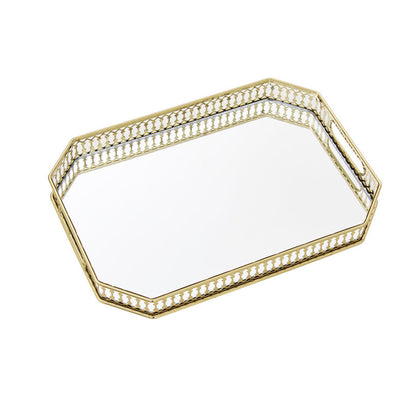 SOGA 35cm Gold Rectangle Ornate Mirror Glass Metal Tray Vanity Makeup Perfume Jewelry Organiser with Handles