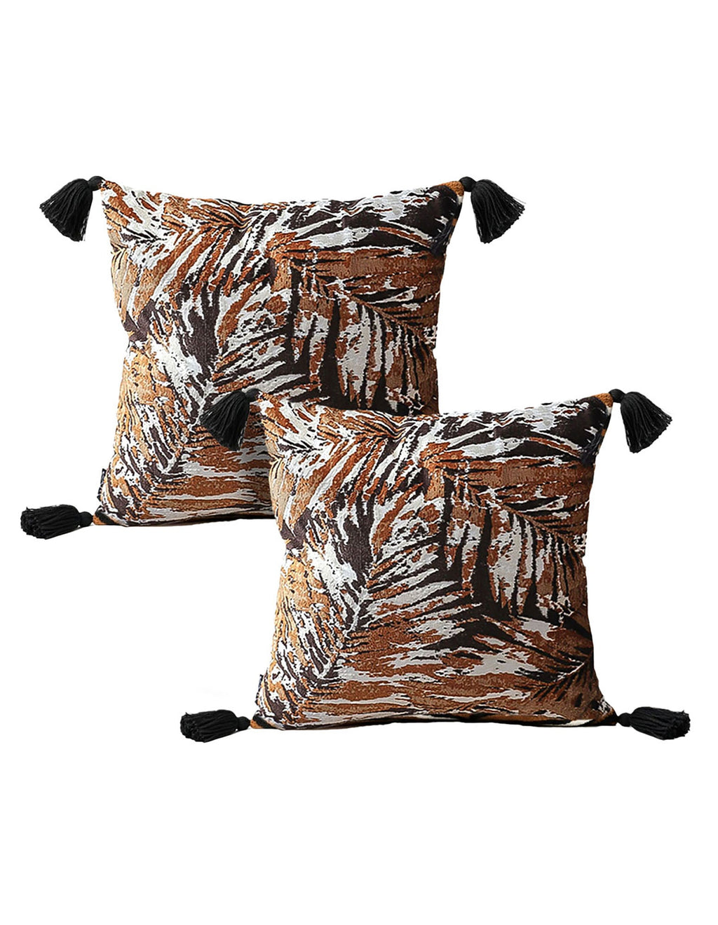 SOGA 2X 45cm Velvet Brown/Black/Ivory Leaf Print Polyester Cushion Cover with Tassels