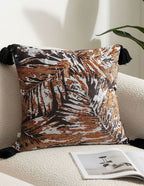 SOGA 2X 45cm Velvet Brown/Black/Ivory Leaf Print Polyester Cushion Cover with Tassels