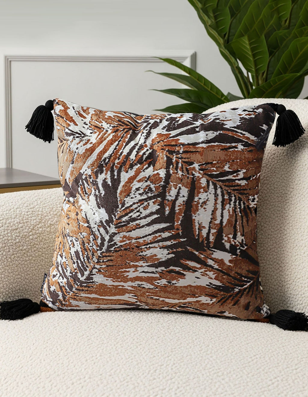 SOGA 2X 45cm Velvet Brown/Black/Ivory Leaf Print Polyester Cushion Cover with Tassels