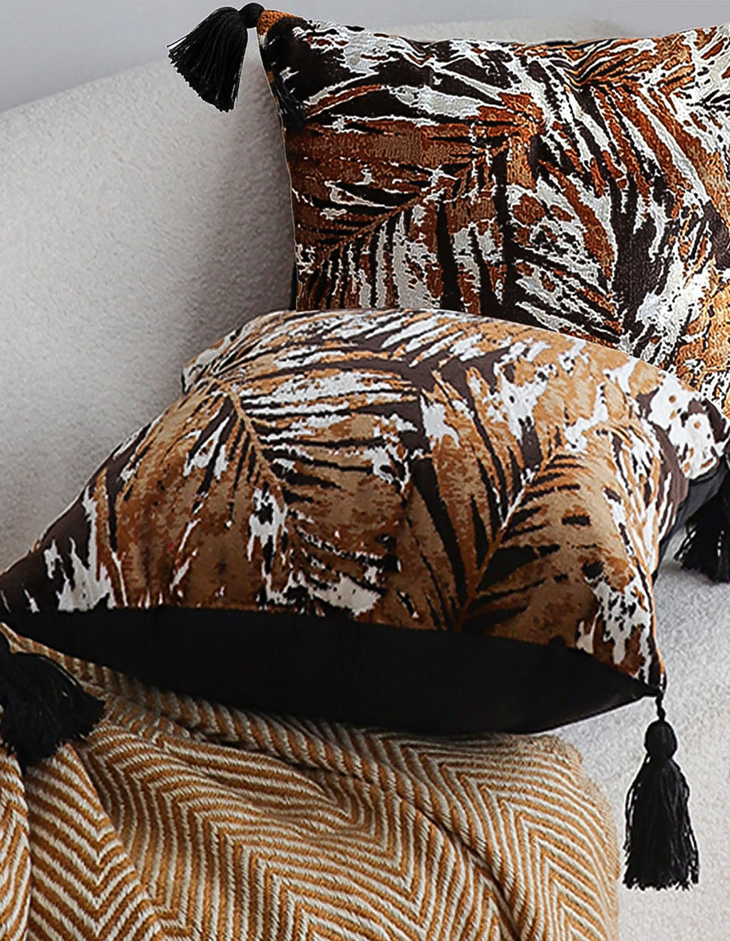 SOGA 2X 45cm Velvet Brown/Black/Ivory Leaf Print Polyester Cushion Cover with Tassels