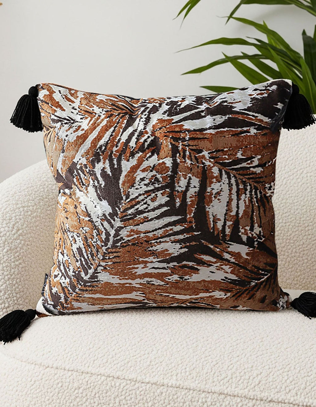 SOGA 2X 45cm Velvet Brown/Black/Ivory Leaf Print Polyester Cushion Cover with Tassels