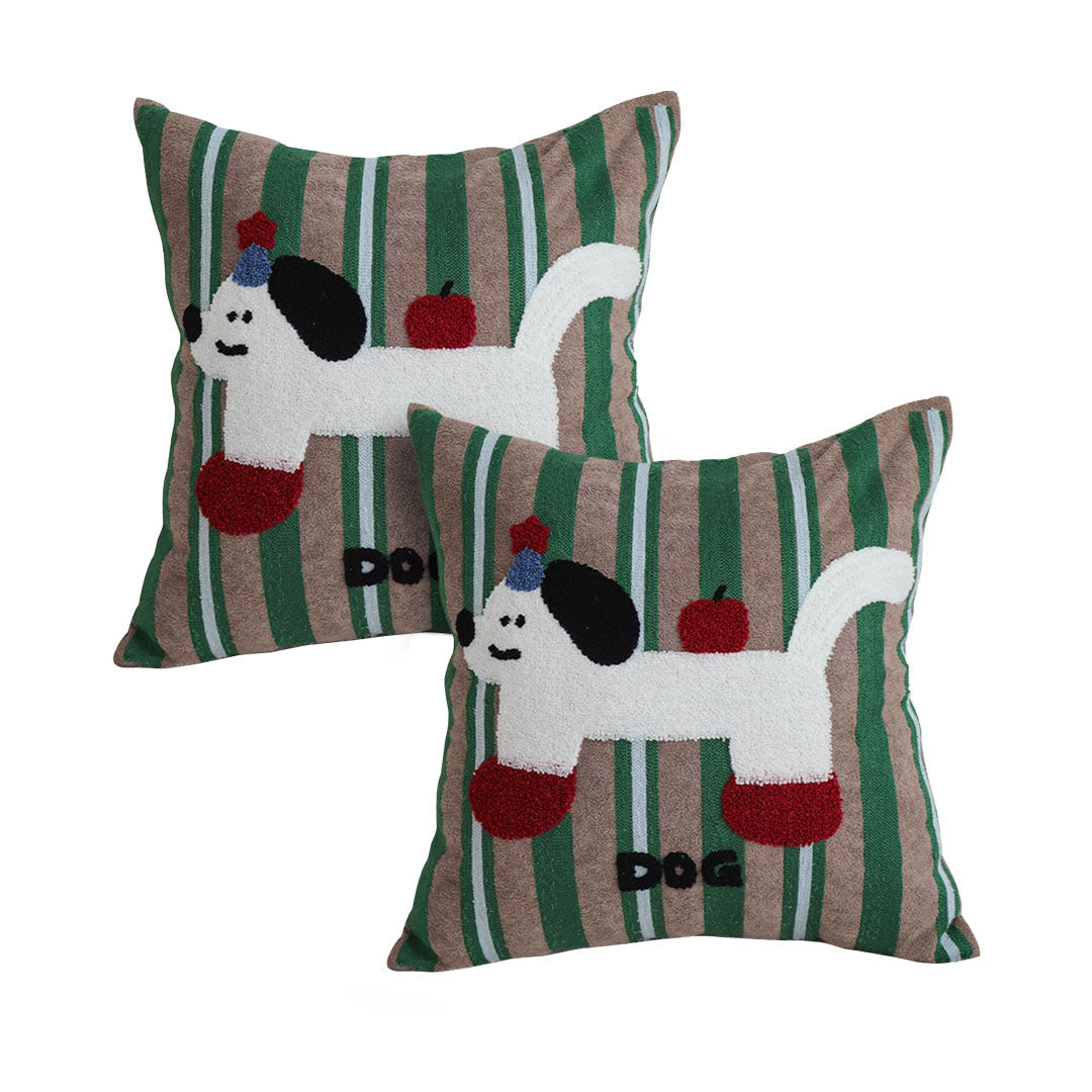SOGA 2X 45cm Cute Dog Print Green Red White Striped Polyester Decorative Pillowcase