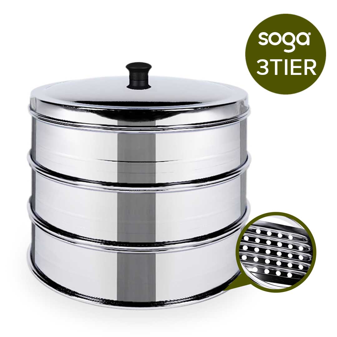 SOGA 3 Tier Stainless Steel Steamers With Lid Work inside of Basket Pot Steamers 22cm